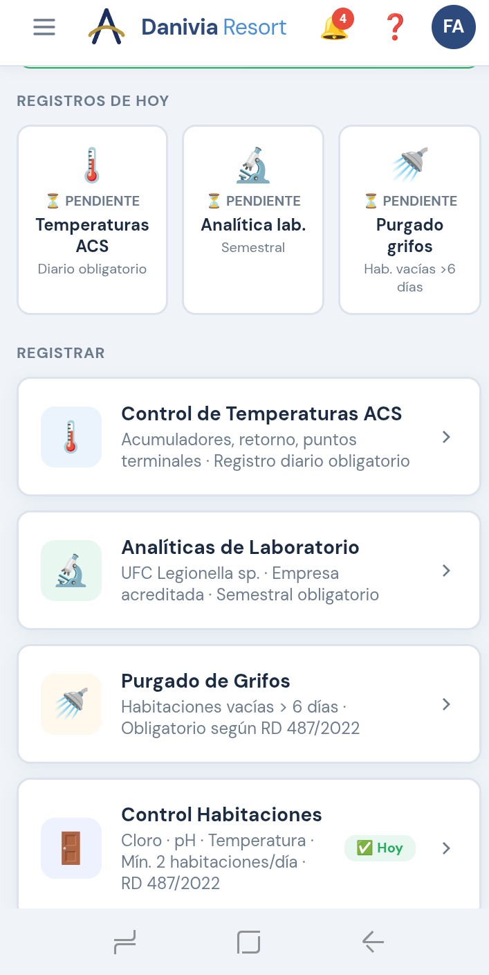 Control de Legionela de ARTEMIS HMS, versión web